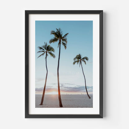 Tropical Evening Glow: Serene Waikiki Sunset Oil Painting with Palms and Ocean Breeze