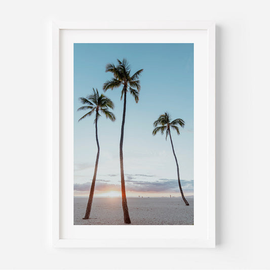 Tropical Evening Glow: Serene Waikiki Sunset Oil Painting with Palms and Ocean Breeze