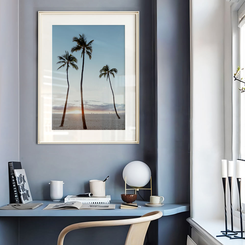 Tropical Evening Glow: Serene Waikiki Sunset Oil Painting with Palms and Ocean Breeze