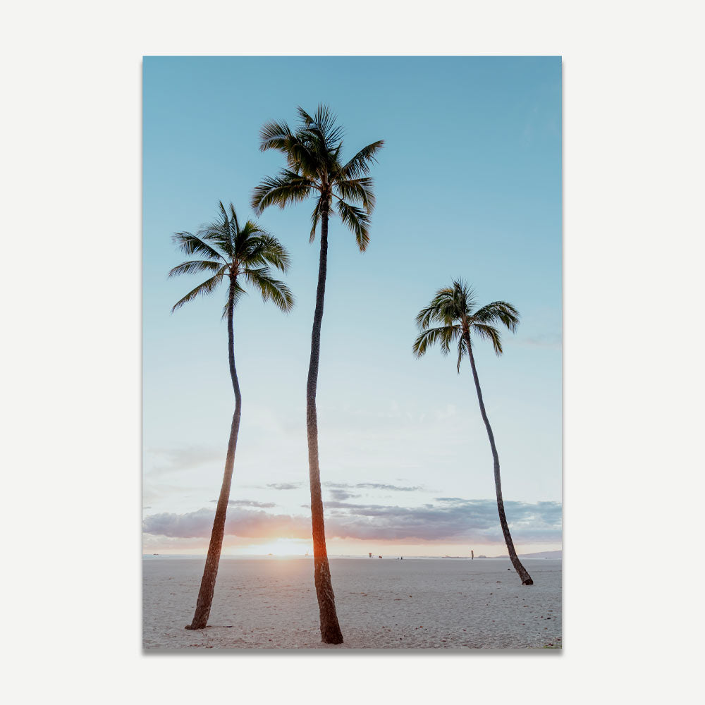Tropical Evening Glow: Serene Waikiki Sunset Oil Painting with Palms and Ocean Breeze