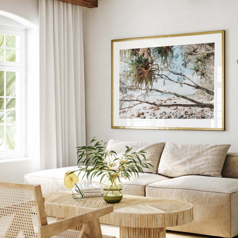Serene Beachscape: Coastal Oil Painting of Wategos Beach and Whispering Trees