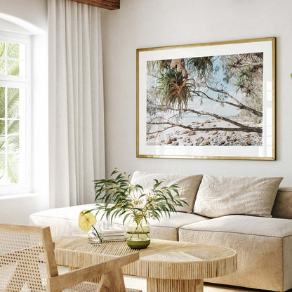 Serene Beachscape: Coastal Oil Painting of Wategos Beach and Whispering Trees