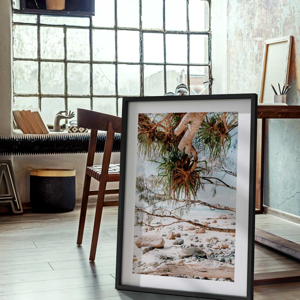 Serene Beach View with Lush Tropical Foliage Oil Painting