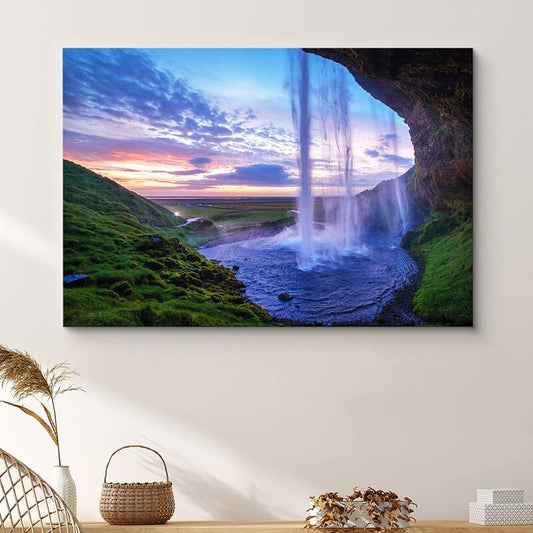 Serene Waterfall Landscape with Purple Sunset Sky - Canvas Wall Art