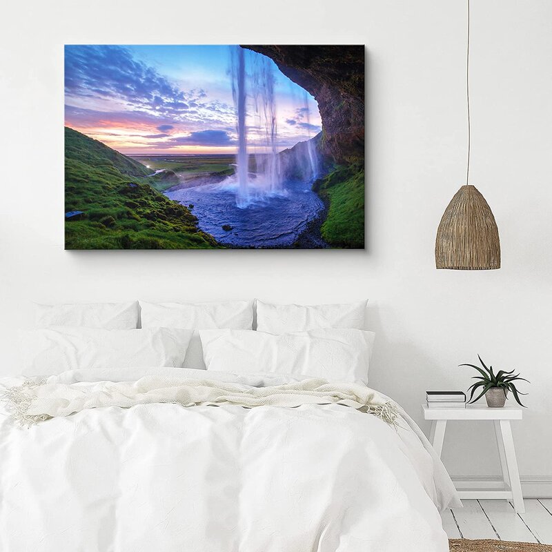 Serene Waterfall Landscape with Purple Sunset Sky - Canvas Wall Art