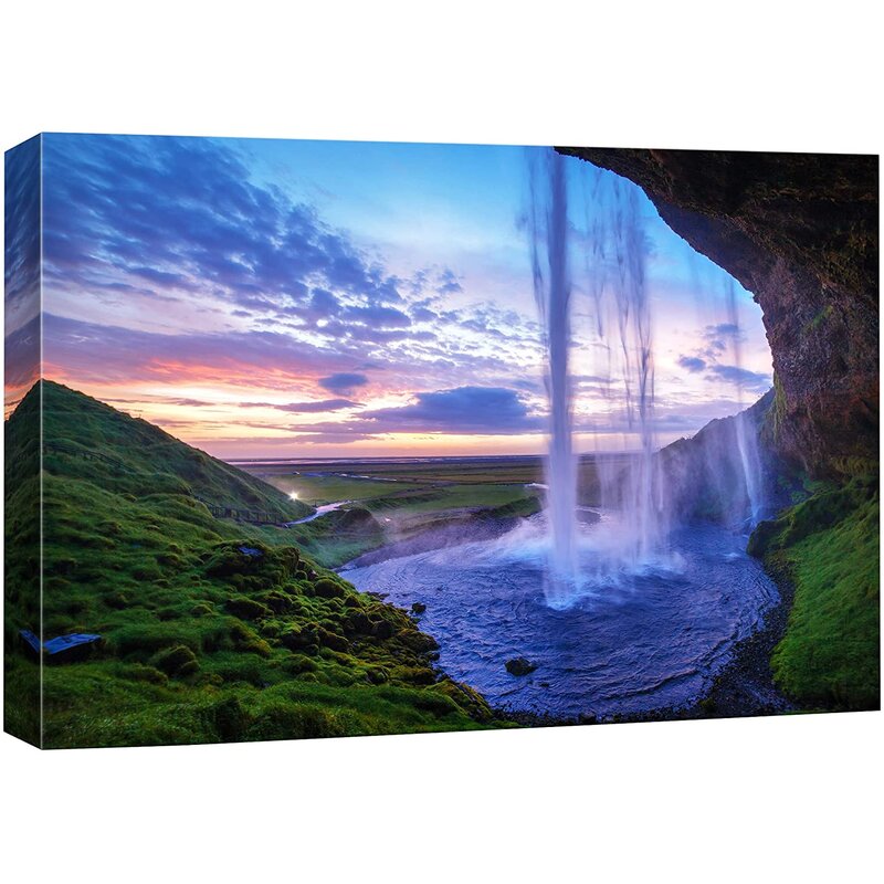 Serene Waterfall Landscape with Purple Sunset Sky - Canvas Wall Art