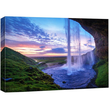 Serene Waterfall Landscape with Purple Sunset Sky - Canvas Wall Art