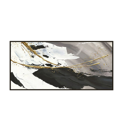 Elegant Abstract Oil Painting of Ocean Waves in Black, White, and Gold Accents
