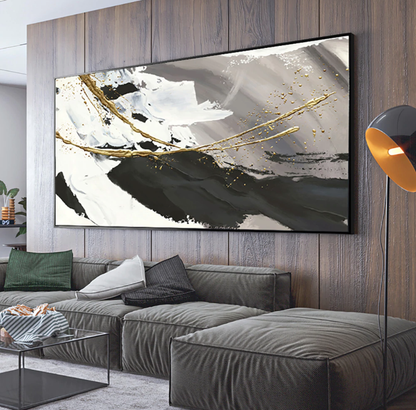 Elegant Abstract Oil Painting of Ocean Waves in Black, White, and Gold Accents