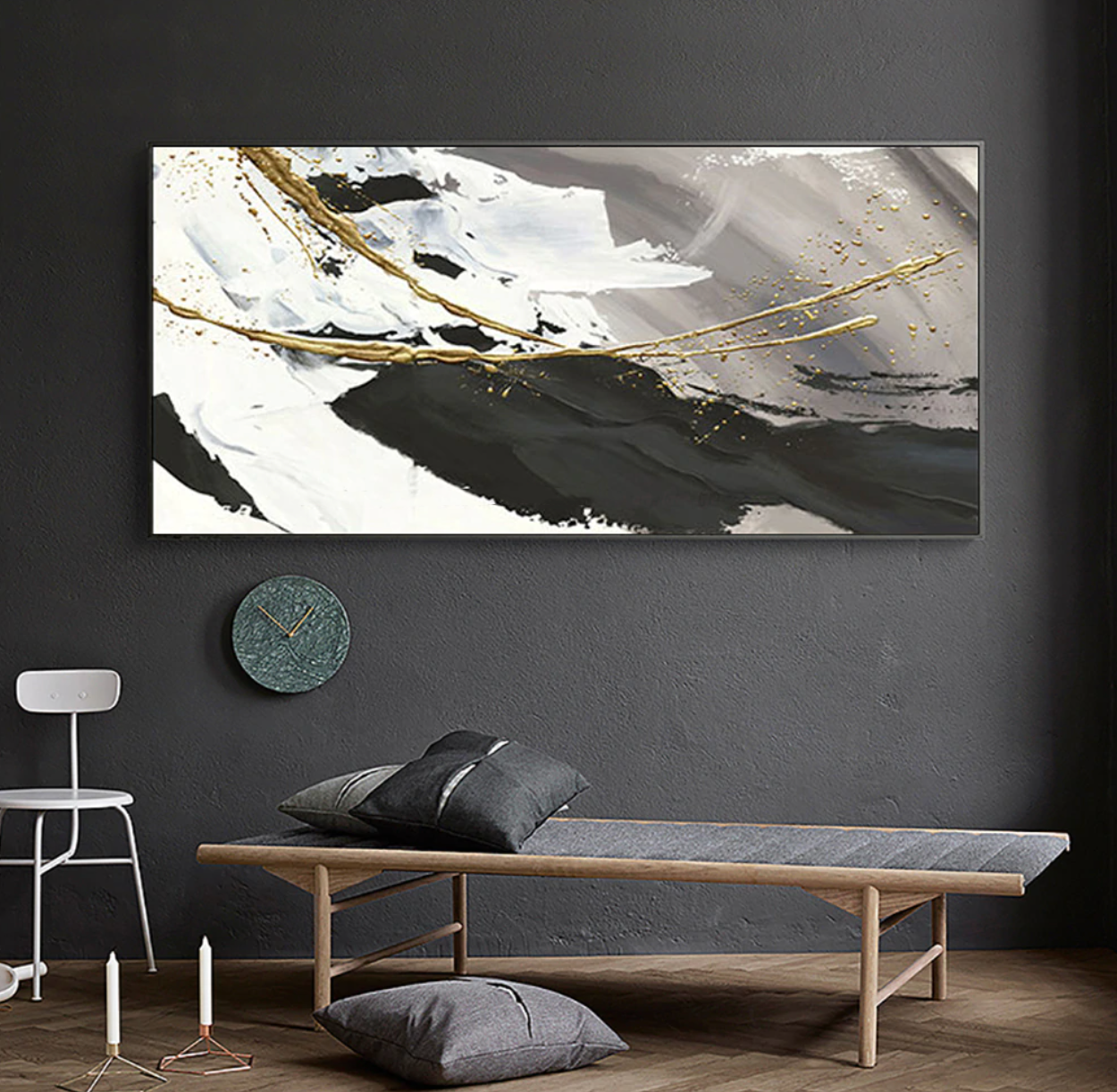 Elegant Abstract Oil Painting of Ocean Waves in Black, White, and Gold Accents