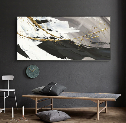 Elegant Abstract Oil Painting of Ocean Waves in Black, White, and Gold Accents