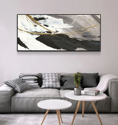Elegant Abstract Oil Painting of Ocean Waves in Black, White, and Gold Accents