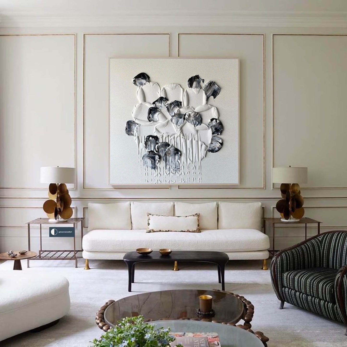 Elegant Minimalist Black and White Flower Oil Painting for Modern Decor