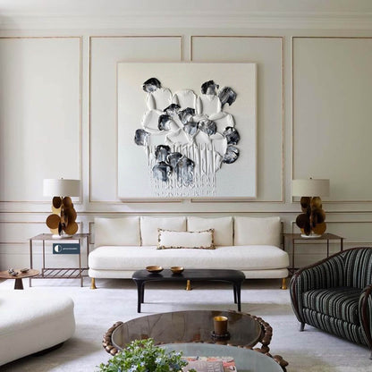 Elegant Minimalist Black and White Flower Oil Painting for Modern Decor