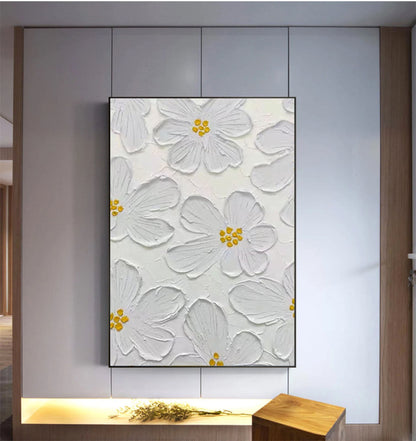 Elegant White Floral Oil Painting for Minimalist Home Decor