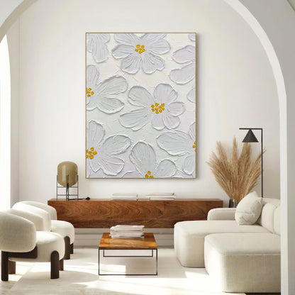 Elegant White Floral Oil Painting for Minimalist Home Decor