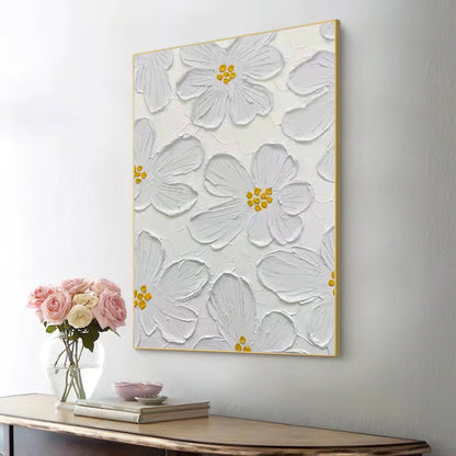 Elegant White Floral Oil Painting for Minimalist Home Decor