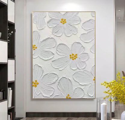 Elegant White Floral Oil Painting for Minimalist Home Decor