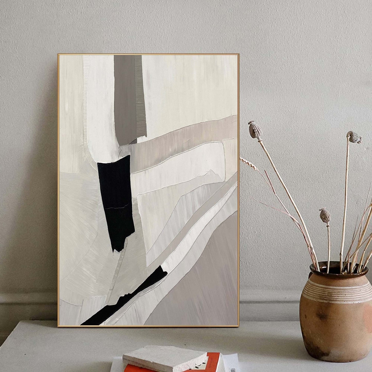 Abstract Minimalist Geometric Oil Painting in Neutral Tones for Modern Decor