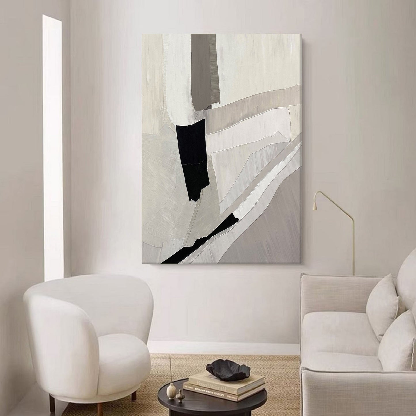 Abstract Minimalist Geometric Oil Painting in Neutral Tones for Modern Decor