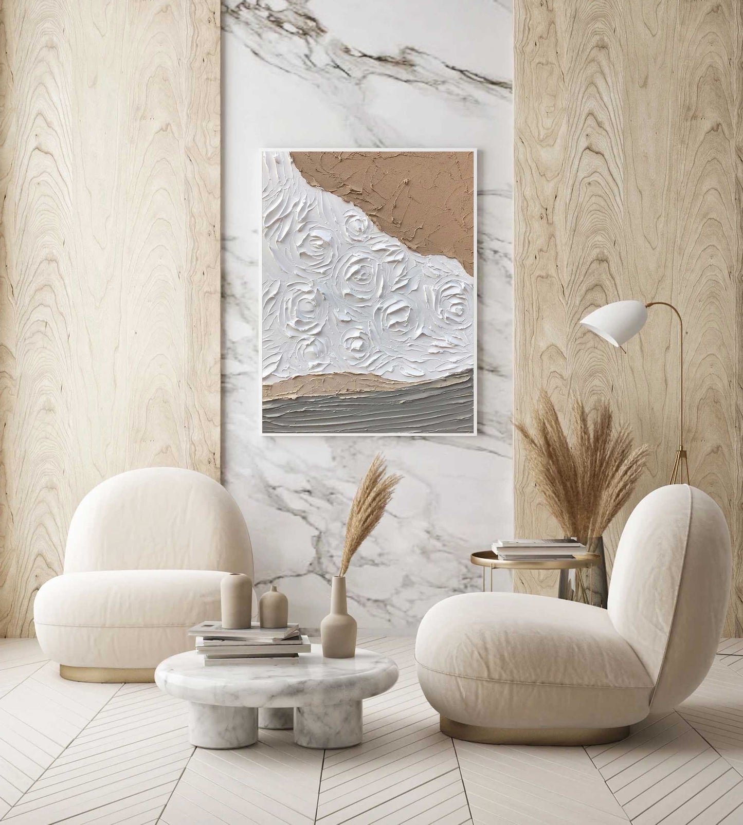 Elegant White Rose Oil Painting in Minimalist Style for Modern Decor