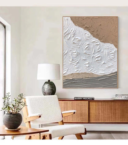 Elegant White Rose Oil Painting in Minimalist Style for Modern Decor
