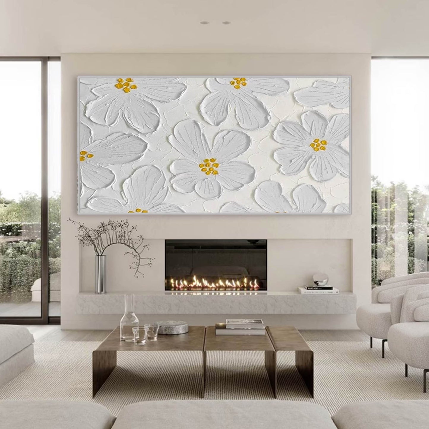Elegant White Flower Oil Painting for Minimalist Home Décor and Art Lovers