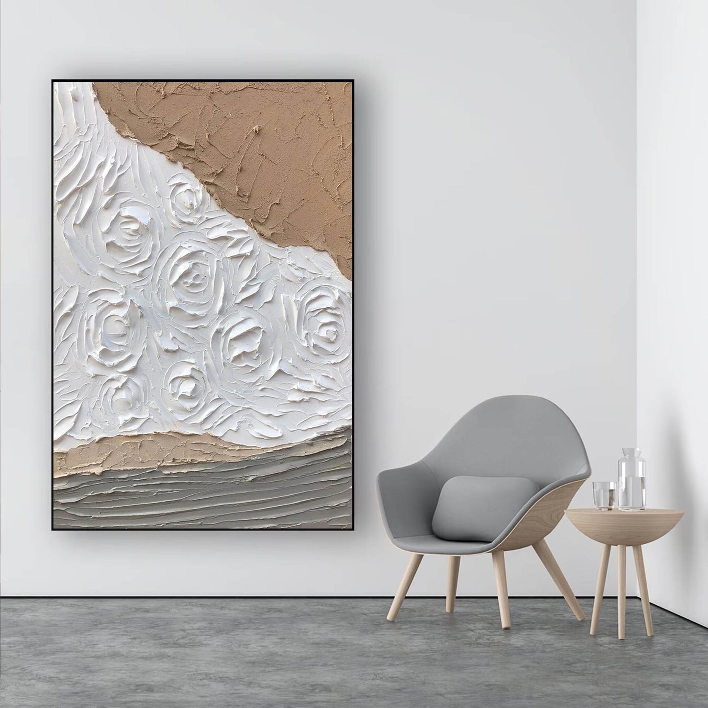 Elegant White Rose Oil Painting in Minimalist Style for Modern Decor