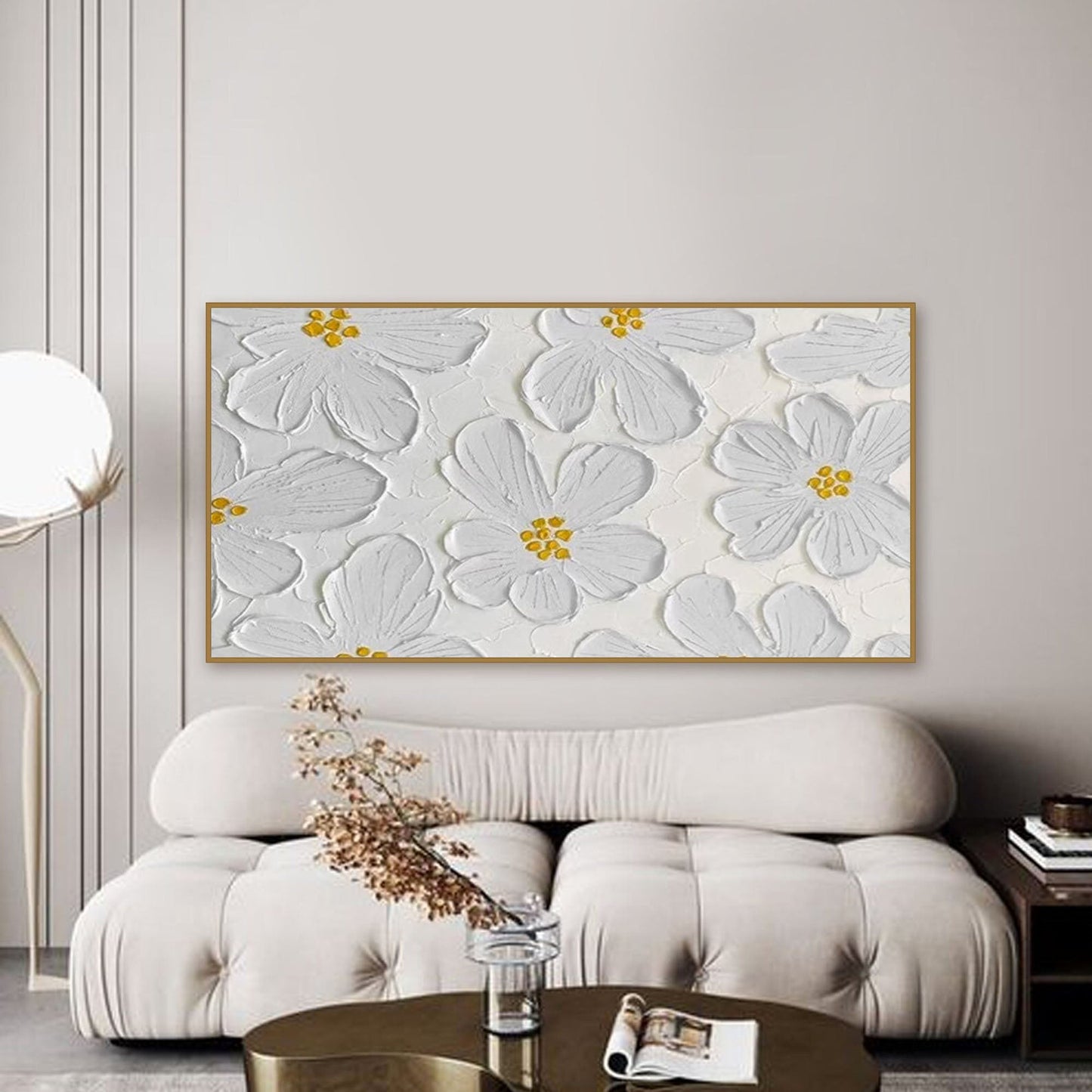 Elegant White Flower Oil Painting for Minimalist Home Décor and Art Lovers