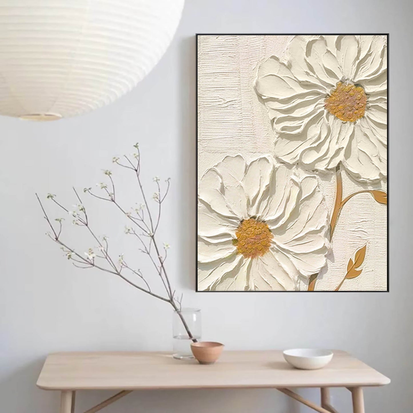 Elegant White Flower Oil Painting for Minimalist Home Décor and Art Lovers