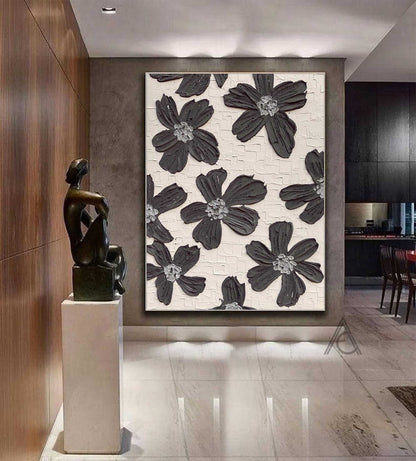 Elegant Black and White Floral Oil Painting for Modern Home Decor