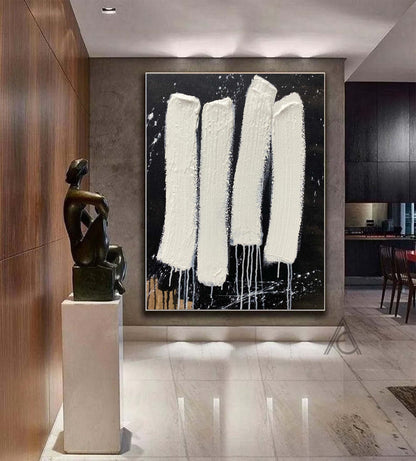 Contemporary Minimalist Abstract Oil Painting with Textured White Stripes