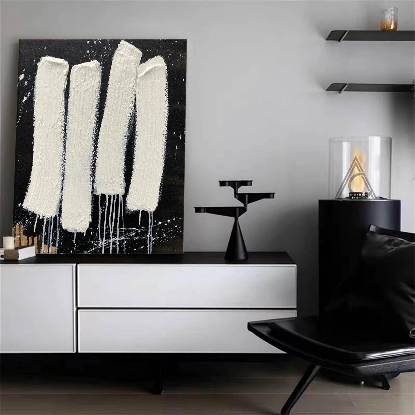 Contemporary Minimalist Abstract Oil Painting with Textured White Stripes