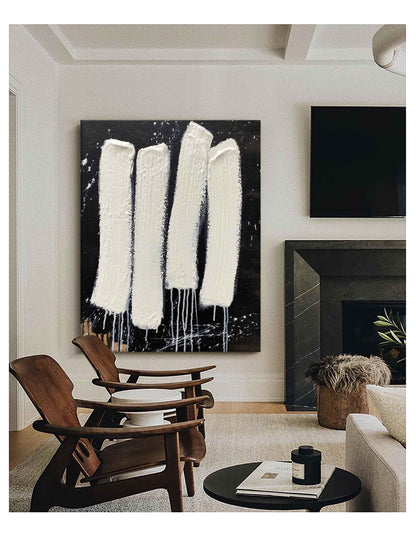 Contemporary Minimalist Abstract Oil Painting with Textured White Stripes