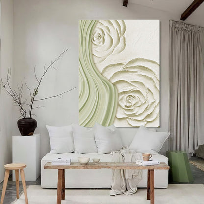 Elegant Minimalist Oil Painting of Soft Green Flowers for Home Decor