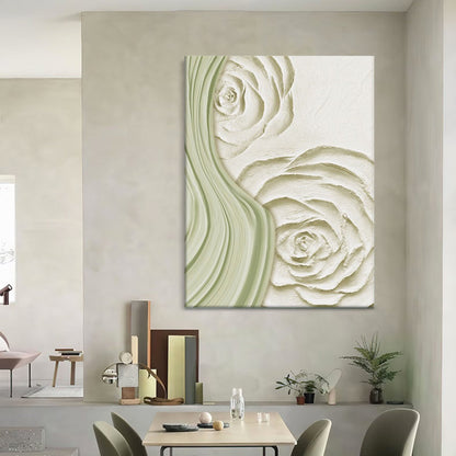 Elegant Minimalist Oil Painting of Soft Green Flowers for Home Decor