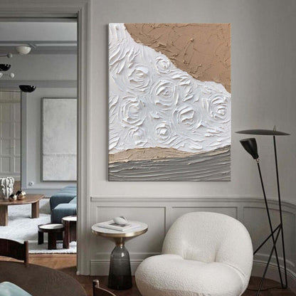 Elegant White Rose Oil Painting in Minimalist Style for Modern Decor
