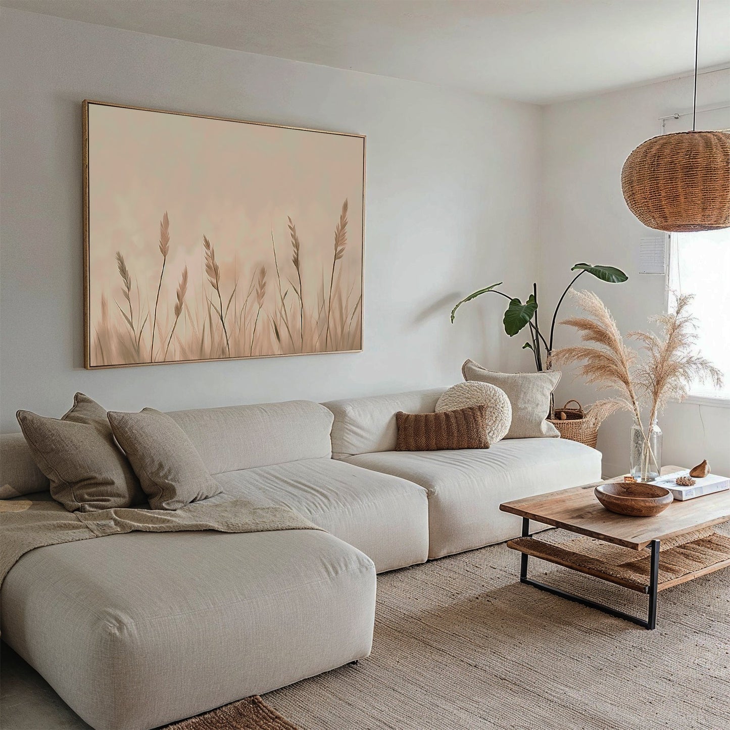 Serene Beige Reeds Abstract Oil Painting for Modern Home Décor