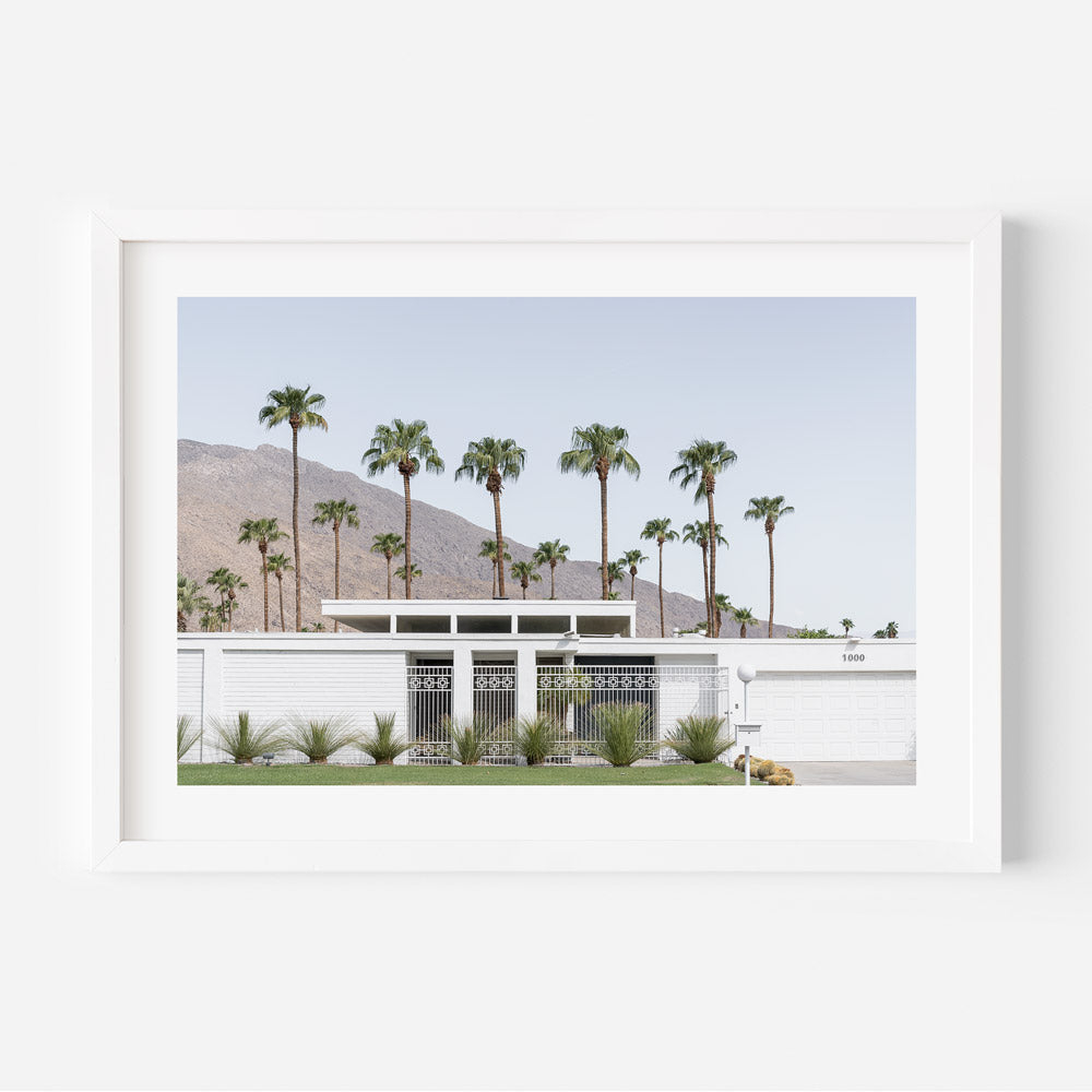 Palm Oasis: Modern White House with Mountain Backdrop Oil Painting