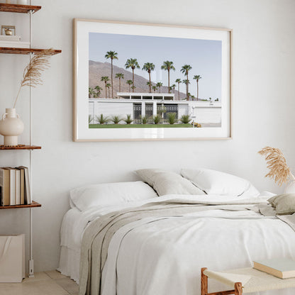 Palm Oasis: Modern White House with Mountain Backdrop Oil Painting