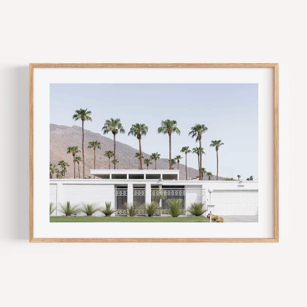 Palm Oasis: Modern White House with Mountain Backdrop Oil Painting