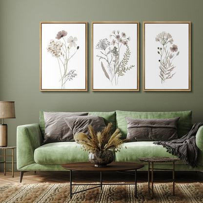 Framed Botanical Wildflower Triptych Art - Neutral Minimalist Canvas Decor