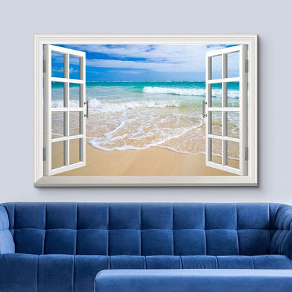 Coastal Serenity: White Waves and Sandy Beach View Through Open Window