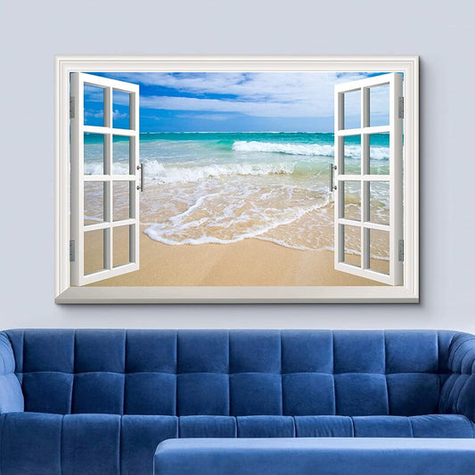 Coastal Serenity: White Waves and Sandy Beach View Through Open Window