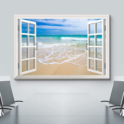 Coastal Serenity: White Waves and Sandy Beach View Through Open Window