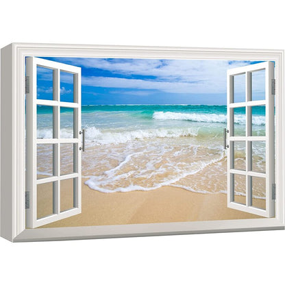 Coastal Serenity: White Waves and Sandy Beach View Through Open Window