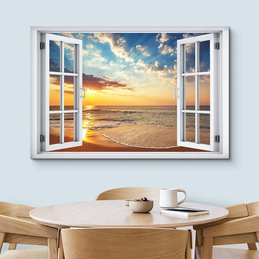 Coastal Sunset Oil Painting for Nautical Home Décor - Beachfront Window View Art