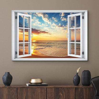 Coastal Sunset Oil Painting for Nautical Home Décor - Beachfront Window View Art