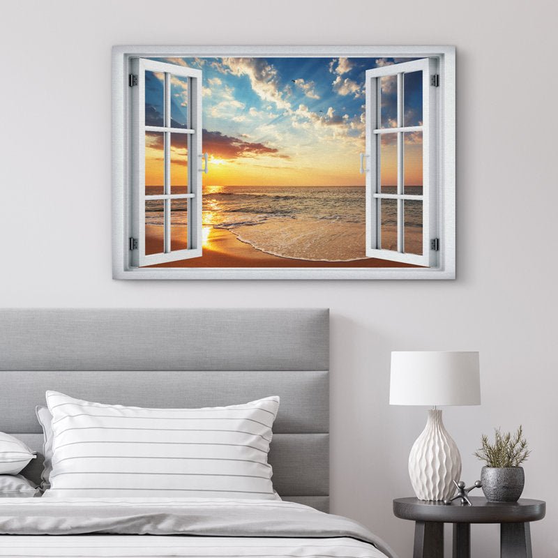Coastal Sunset Oil Painting for Nautical Home Décor - Beachfront Window View Art