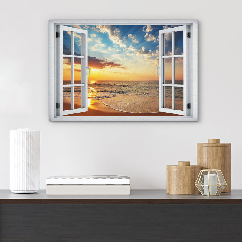 Coastal Sunset Oil Painting for Nautical Home Décor - Beachfront Window View Art